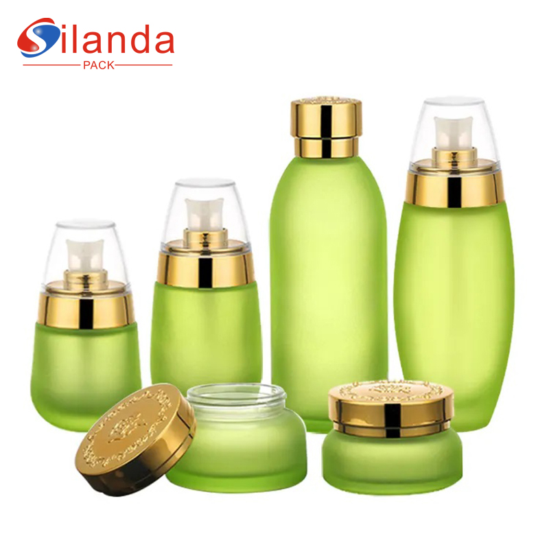 Green Matte Glass Cosmetic Skincare Bottle Sets 