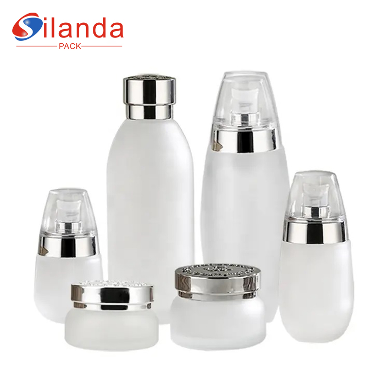 Frosted Glass Cosmetic Skincare Bottle Sets Serum Lotion Pump Bottle Cream Jars