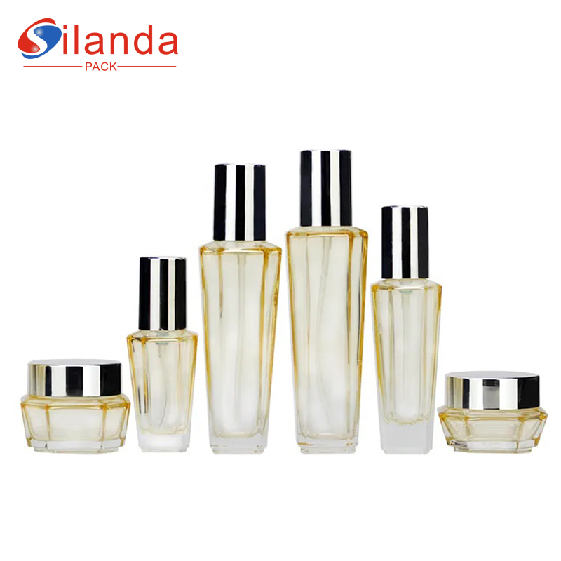 Square Glass Skincare Bottle Set Cosmetic Packing Toner Spray Lotion Bottles Cream Jars 