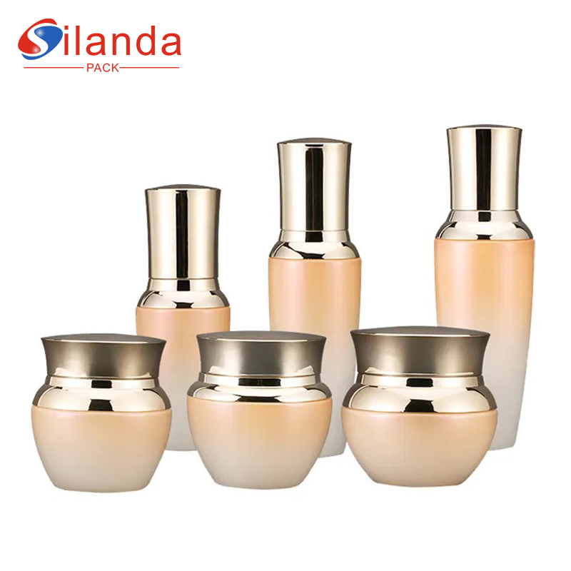 Orange Glass Pump Skincare Bottle Sets Cosmetic Toner Lotion Serum Packing Bottle Cream Jars