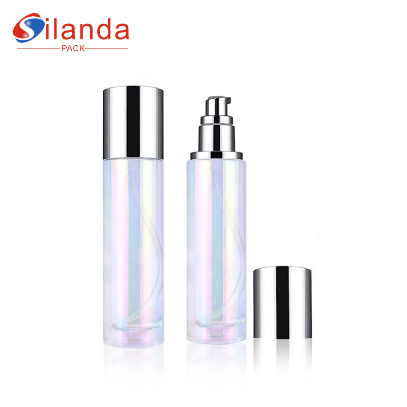 Iredescent Round Cylindrical Glass Lotion Bottle 100ml Skincare Pump Bottles