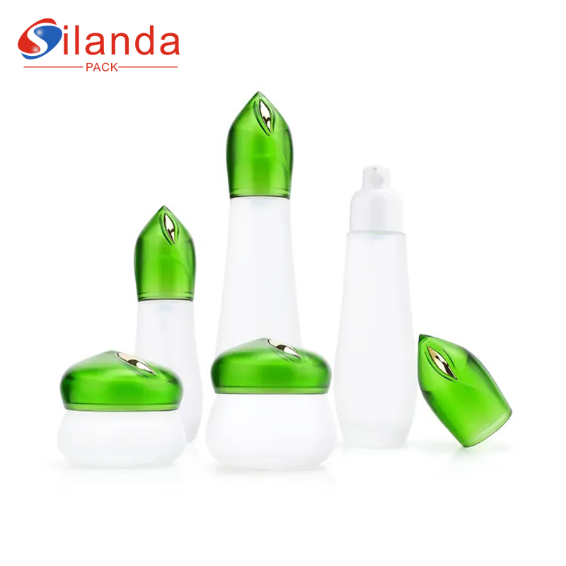 Frosted Glass Skincare Bottle Set Cosmetic Toner Lotion Serum Bottles Cream Jars with Green Cap