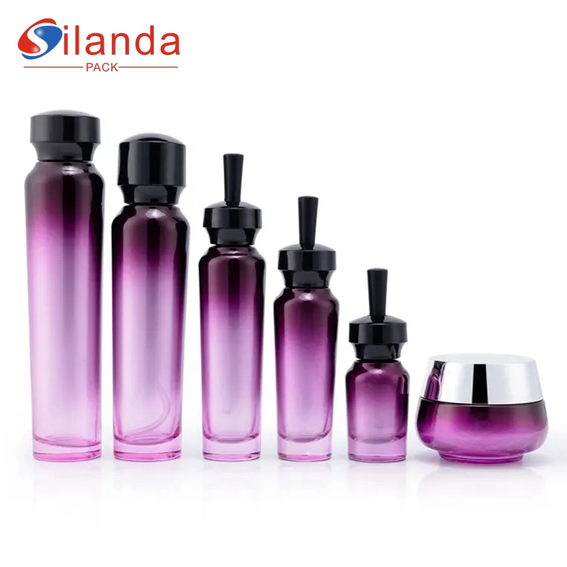 Exquisite Purple Glass Cosmetic Skincare Bottle Set Toner Lotion Pump Serum Dropper Bottles Cream Jar 