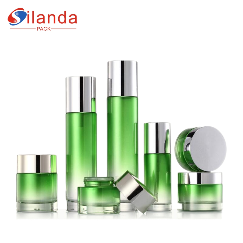 Silanda Pack Cylinder Green Glass Cosmetic Skincare Bottle Set Toner Lotion Serum Pump Bottles Cream Jar 