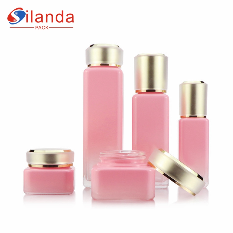 Hot Sale Square Glass Cosmetic Skincare Bottle Set Toner Lotion Serum Pump Bottles Cream Jar  