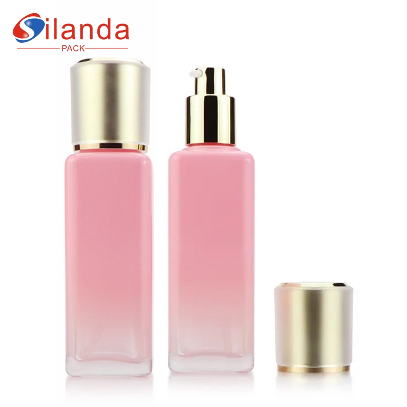 Pink Square Glass Lotion Bottle 100ml Skincare Pump Sprayer Bottles