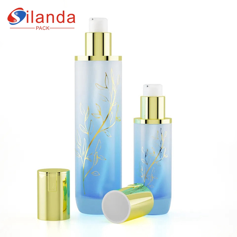 40ml 120ml Blue Gradient Cylinder Glass Lotion Bottle Skincare Toner Serum Pump Bottles 