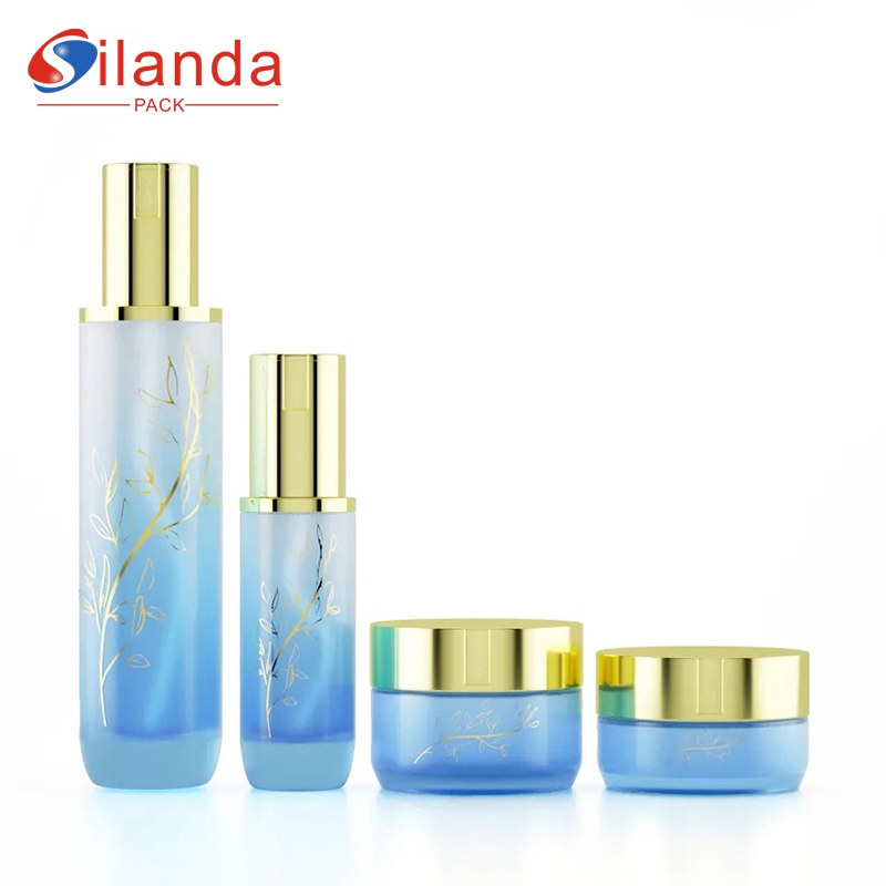 Blue Gradient Glass Skincare Bottle Set Cosmetic Toner Lotion Serum Bottles Cream Jars with Electroplating Cap