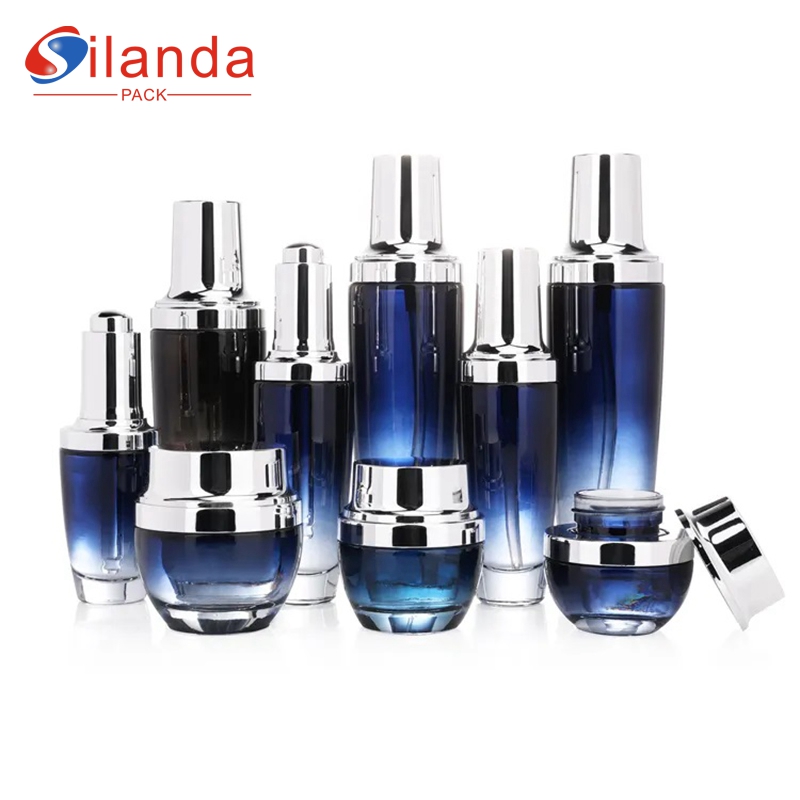 Luxury Gradient Glass Pump Skincare Bottle Set Cosmetic Toner Lotion Serum Bottles Cream Jars with Eletroplating Silver Cap 