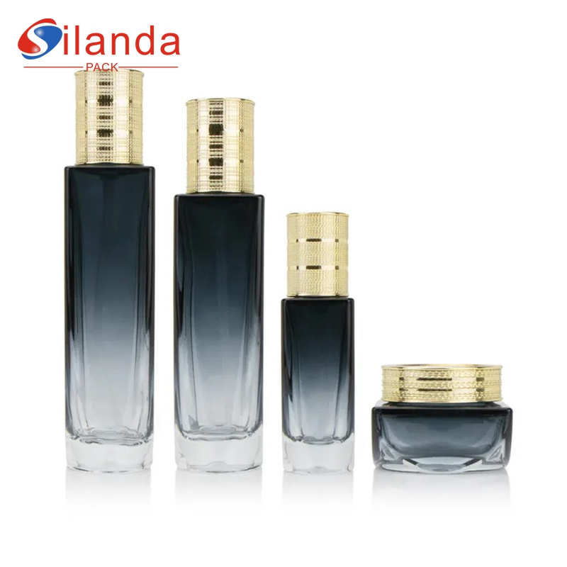 Square Gradient Black Glass Pump Skincare Bottle Set Cosmetic Toner Lotion Serum Bottles Cream Jars 