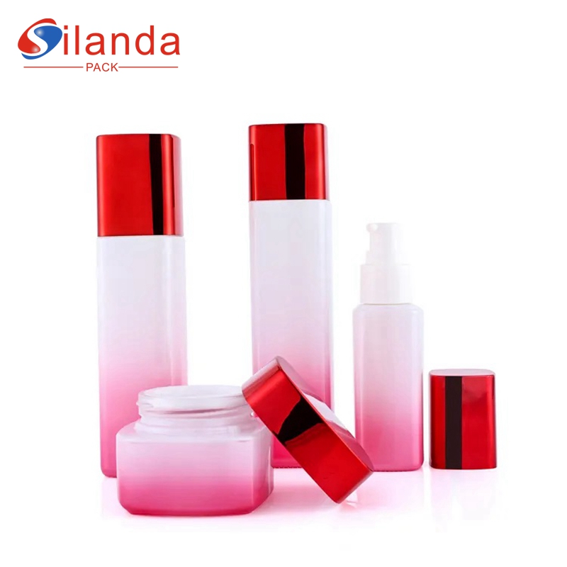 Hot Sale Square Glass Skincare Bottle Set Cosmetic Pump Toner Lotion Serum Dropper Packing Bottles Cream Jars  