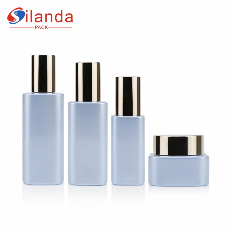 Fashion Design Square Glass Skincare Bottle Set Cosmetic Pump Toner Lotion Serum Packing Bottles Cream Jars 