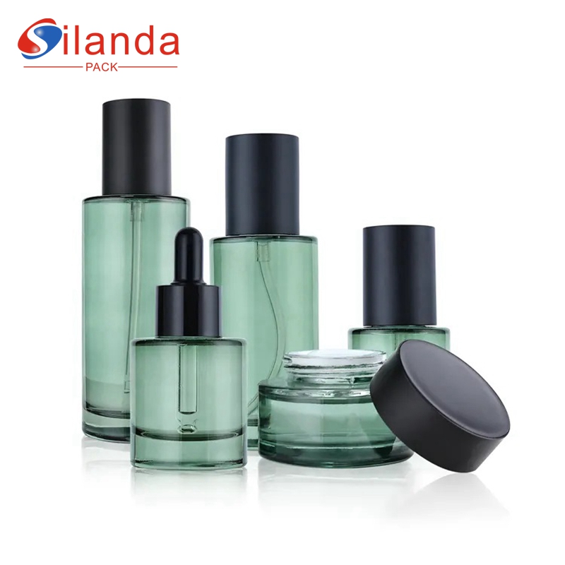 Flat Shoulder Glass Skincare Bottle Set Cosmetic Pump Toner Lotion Serum Dropper Packing Pump Bottles Cream Jars  