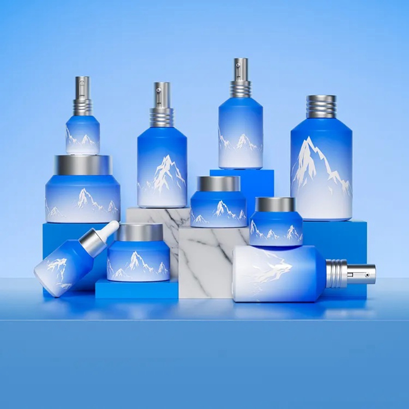 Luxury Blue Glass Skincare Bottle Set Cosmetic Pump Toner Lotion Serum Dropper Packing Pump Spray Bottles Cream Jars 