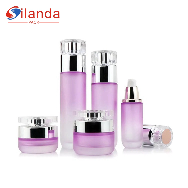 Purple Frosted Glass Skincare Bottle Set 40ml 100ml 120ml Cosmetic Toner Lotion Serum Pump Bottles Cream Jars  