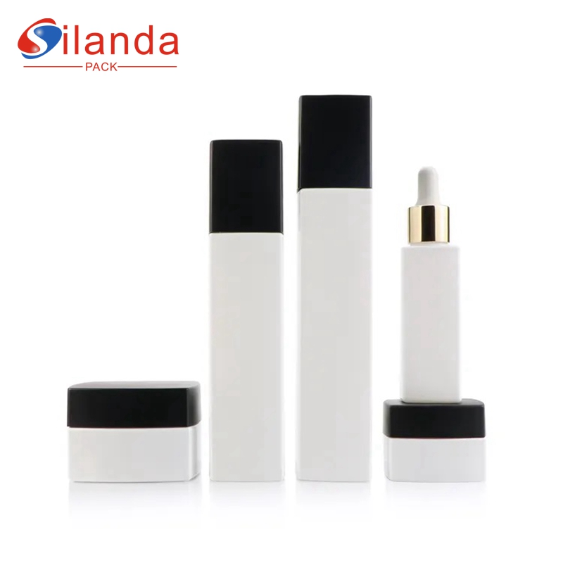 French Square Glass Skincare Bottle Set Cosmetic Toner Lotion Pump Serum Dropper Bottles Cream Jars  