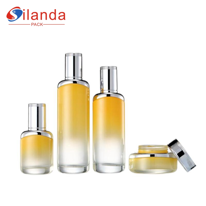 High-end Yellow Glass Skincare Bottle Set Cosmetic Toner Lotion Serum Pump Bottles Cream Jars 