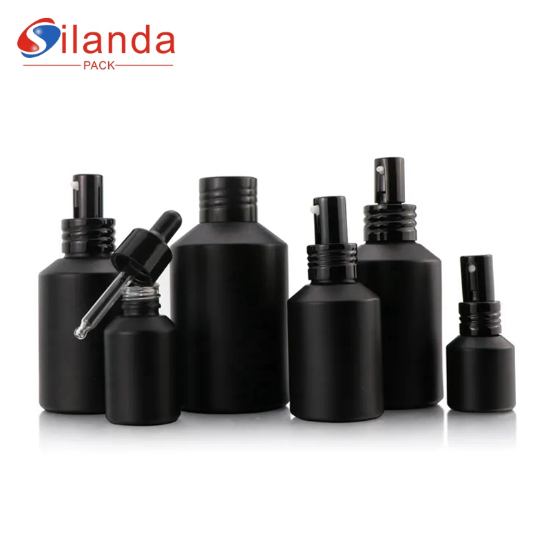 Black Glass Skincare Bottle Set Cosmetic Toner Lotion Pump Serum Spray Bottles Cream Jars