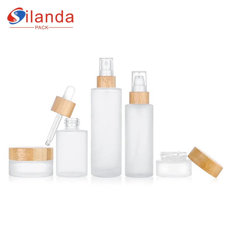 Eco Friendly Bamboo Glass Skincare Bottle Set Cosmetic Toner Lotion Pump Serum Spray Dropper Bottles Cream Jars