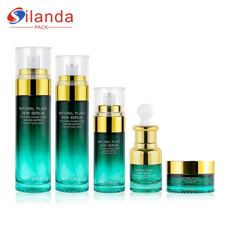 Fancy Green Glass Skincare Bottle Set Cosmetic Toner Lotion Pump Serum Spray Dropper Bottles Cream Jars