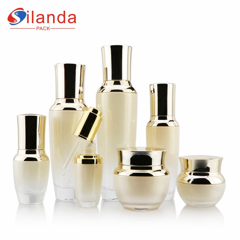 Luxury UV Aluminum Glass Skincare Bottle Set Cosmetic Toner Lotion Pump Serum Dropper Bottles Cream Jars 