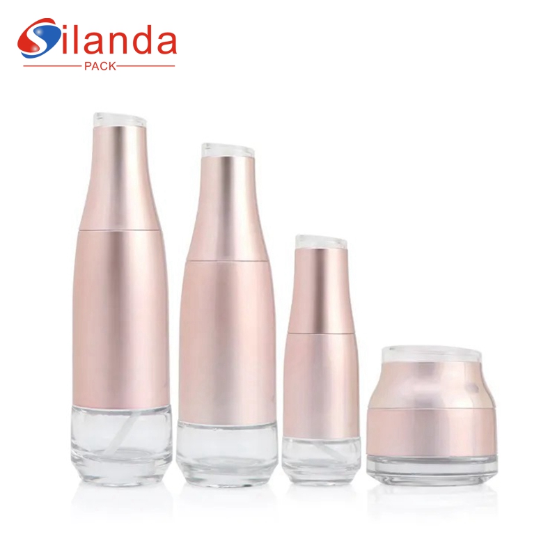 Creative Rose Gold Plastic Wrapped Glass Skincare Bottle Set Cosmetic Toner Lotion Serum Pump Bottles Cream Jars  