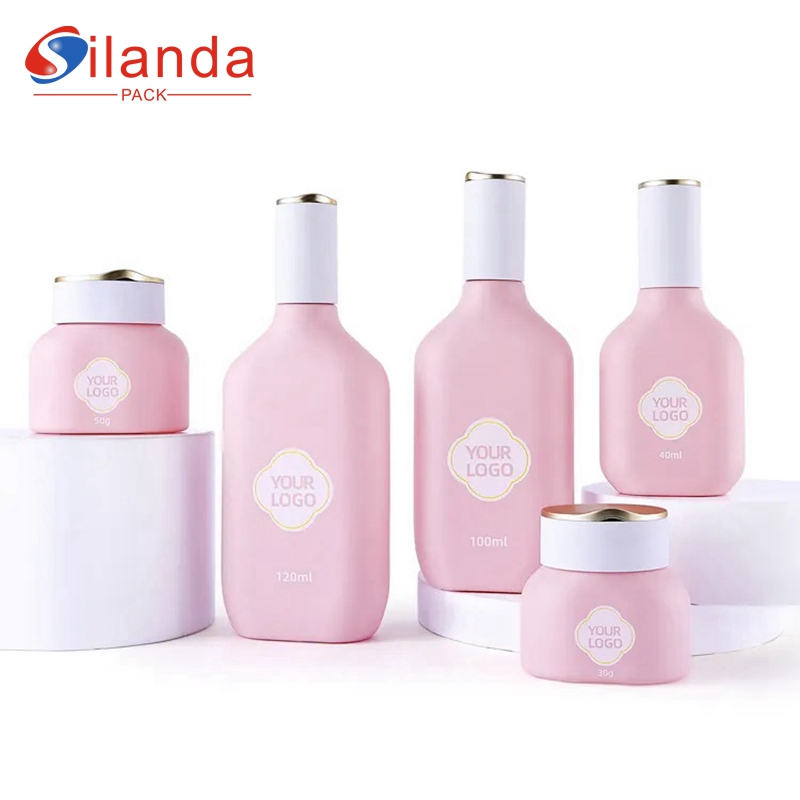 Pink Flat Glass Skincare Bottle Set Cosmetic Toner Lotion Serum Pump Bottles Cream Jars