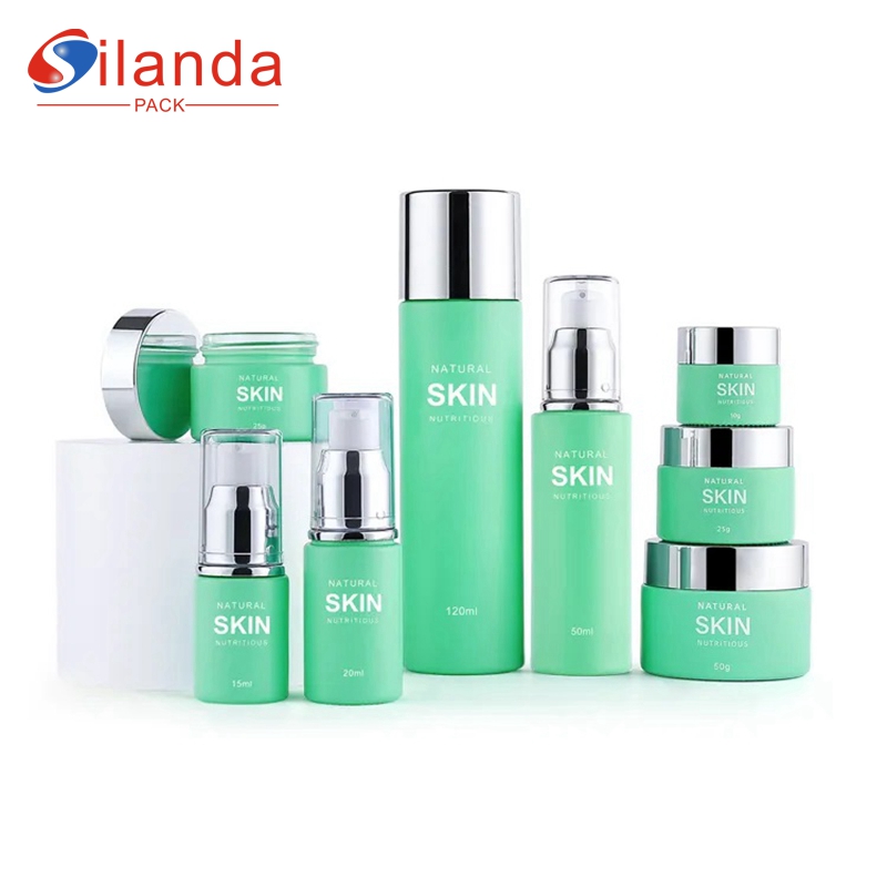 Green Cylinder Frosted Glass Skincare Bottle Set Cosmetic Toner Lotion Serum Pump Bottles Cream Jars 