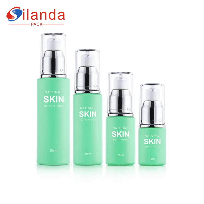 Green Frosted Cylinder Glass Serum Bottles 20ml 25ml 30ml 50ml Skincare Essential Oil Lotion Pump Bottle  