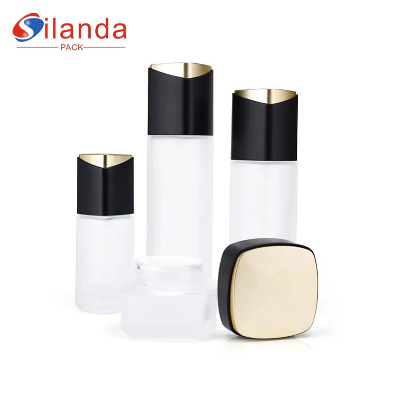 Top Quality Frosted Square Glass Skincare Bottle Set Cosmetic Toner Lotion Serum Pump Bottles Cream Jars with Black Gold Lid 