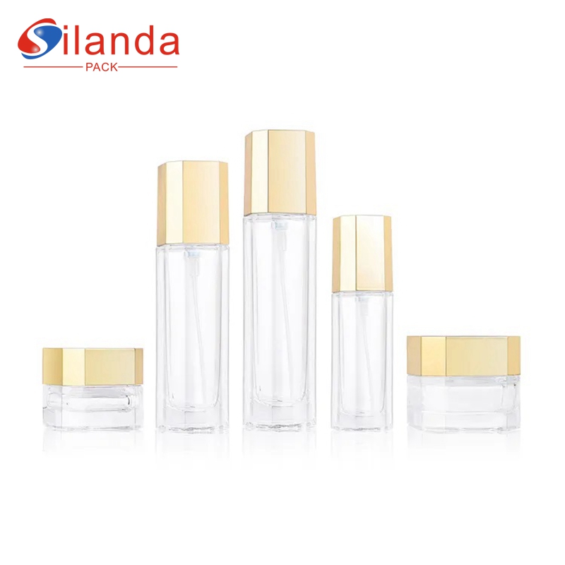 Superior Octagonal Glass Skincare Bottle Set Cosmetic Toner Lotion Serum Pump Bottles Cream Jars with Gold Lid