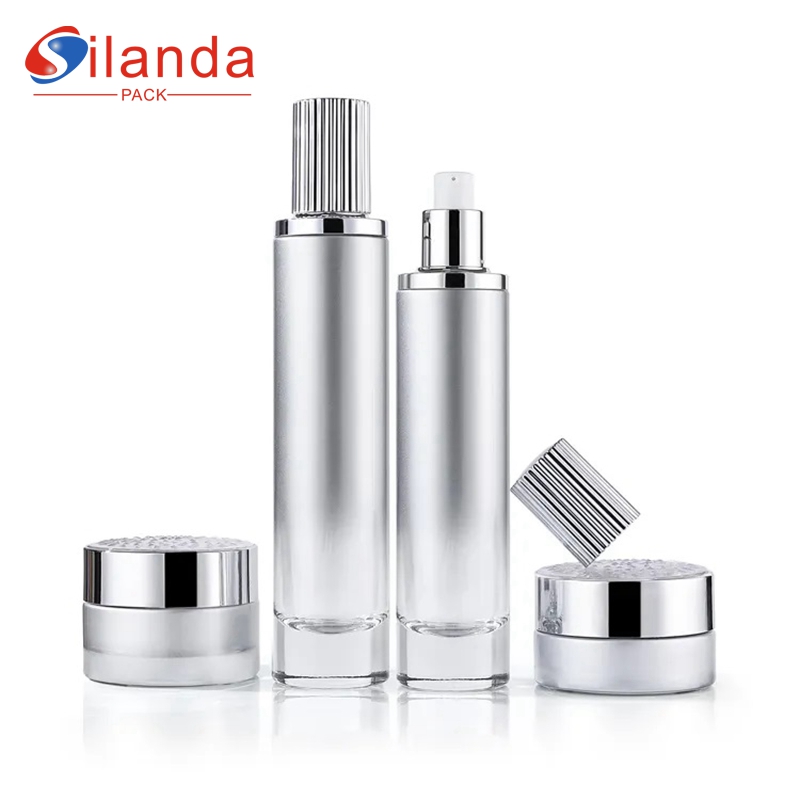 Gradient Silver Slim Long Glass Skincare Bottle Set Cosmetic Toner Lotion Serum Pump Bottles Cream Jars 