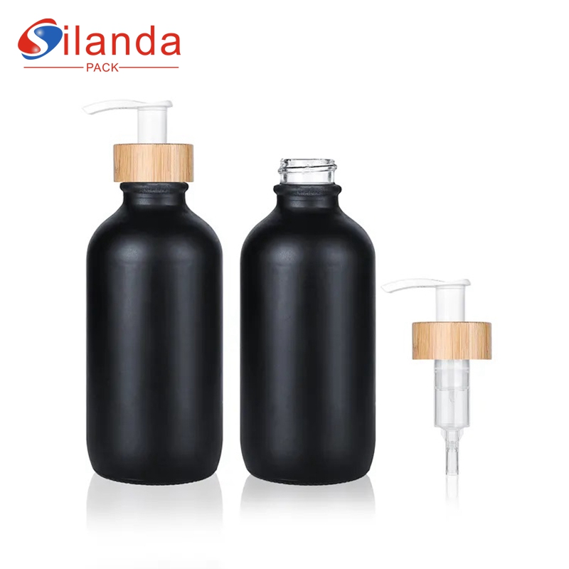 Black Matte Glass Round Boston Lotion Bottle 120ml Skincare Bottles with Bamboo Wood Pump Dispenser