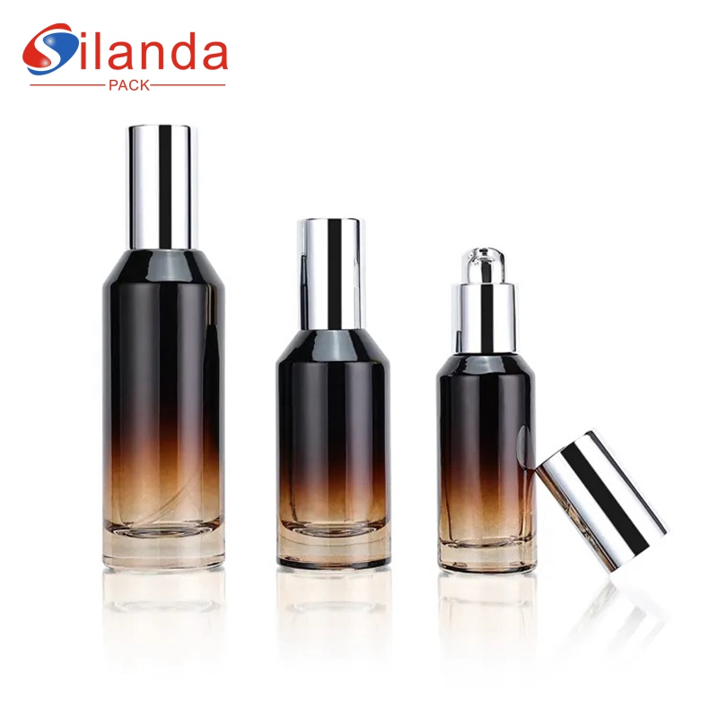 Brown Slant Shoulder Glass Serum Bottles 40ml 50ml 100ml Skincare Essence Lotion Pump Sprayer Bottle 