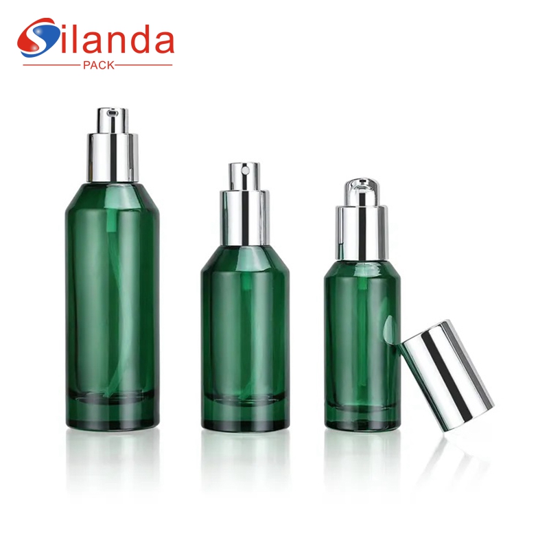 Dark Green Slant Shoulder Glass Serum Bottles 40ml 50ml 100ml Thick Bottom Skincare Essence Lotion Pump Sprayer Bottle 