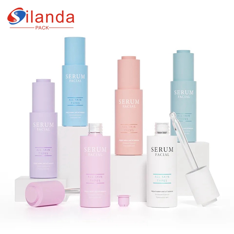 Unique 30ml Glass Push Button Dropper Serum Bottle Round Cosmetic Skincare Essence Packing Bottles