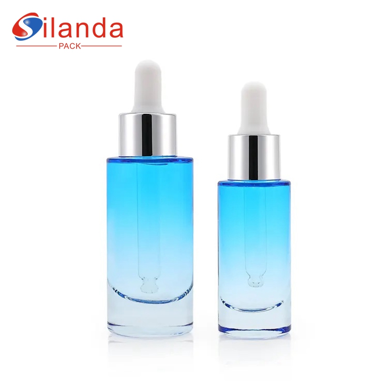 Nice Blue Flat Shoulder 30ml 40ml Glass Serum Bottle Cosmetic Skincare Emulsion Essential Oil Dropper Bottles  