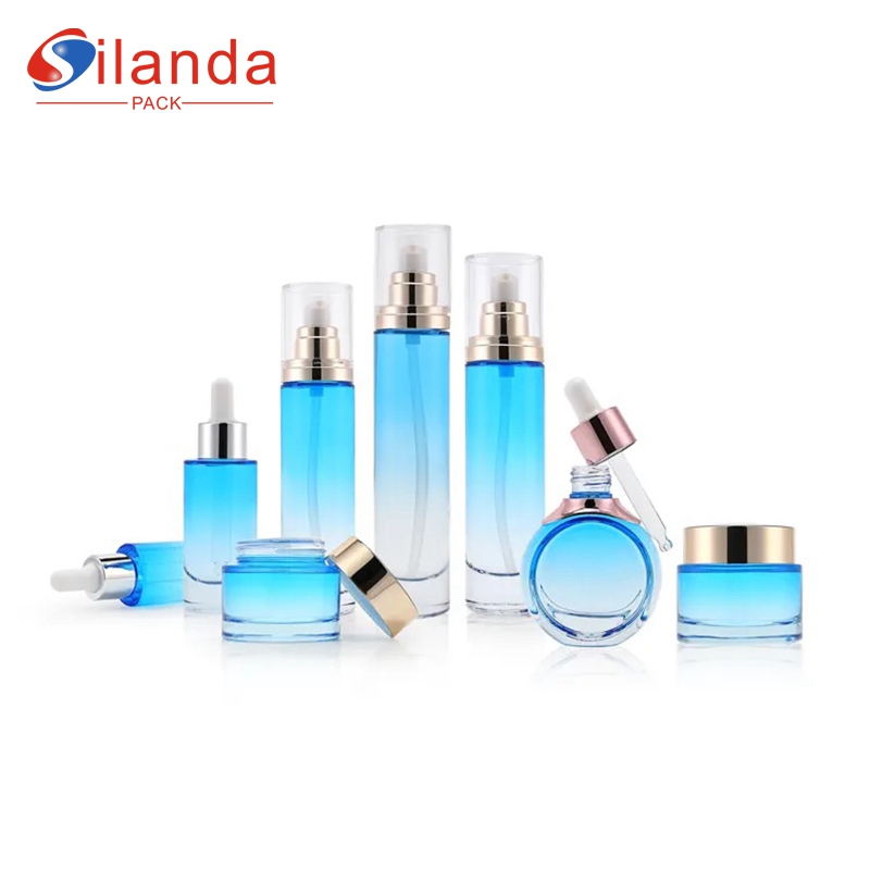 Elegant Blue Flat Shoulder Glass Skincare Bottle Set Cosmetic Toner Lotion Serum Pump Dropper Bottles Cream Jars  