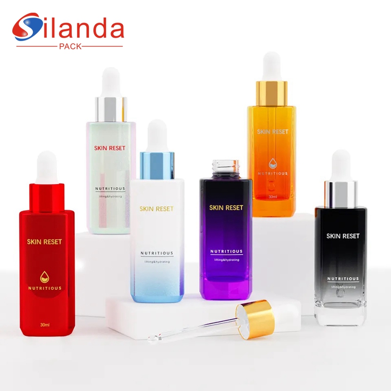 30ml Square Glass Serum Bottle Cosmetic Skincare Emulsion Essential Oil Dropper Thick Bottom Bottles  