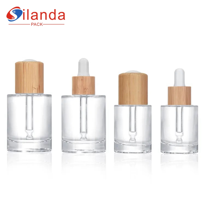 20ml 30ml 50ml Glass Serum Bottle Cosmetic Skincare Emulsion Essential Oil Press Pump Dropper Bottles Bamboo Lid 