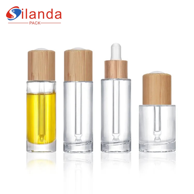 Transparent 30ml Glass Flat Shoulder Slim Serum Bottle Cosmetic Skincare Emulsion Essential Oil Press Pump Dropper Bottles Bamboo Lid  