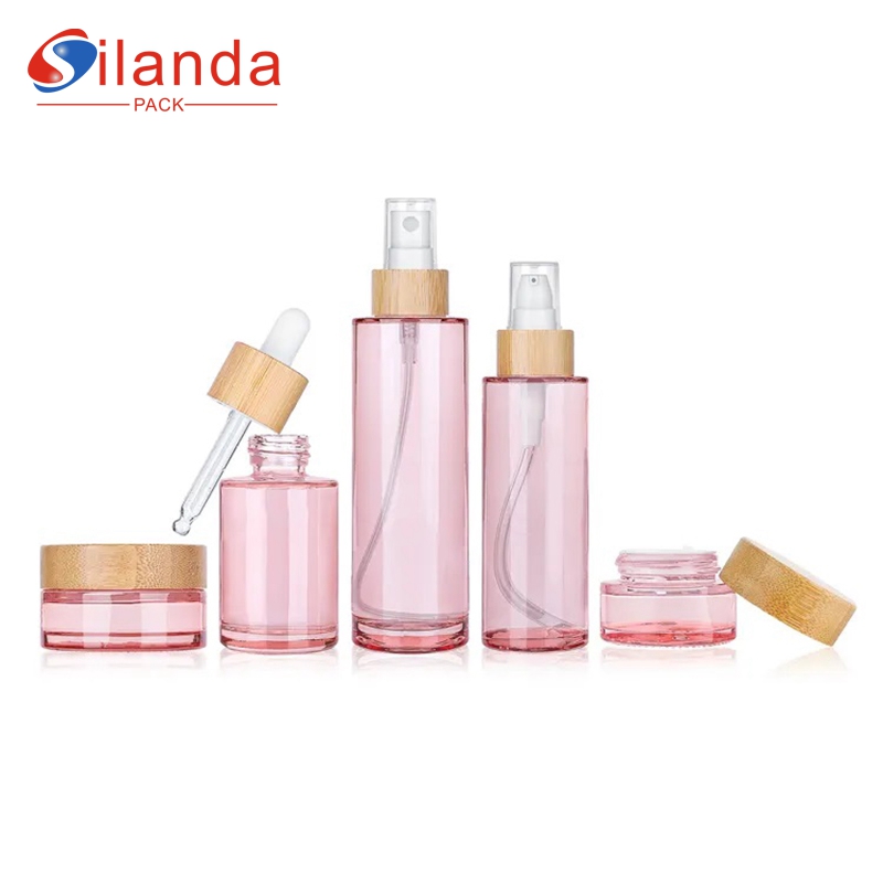 Pink Bamboo Lid Glass Skincare Bottle Set Cosmetic Toner Lotion Serum Pump Dropper Sprayer Bottles Cream Jars  