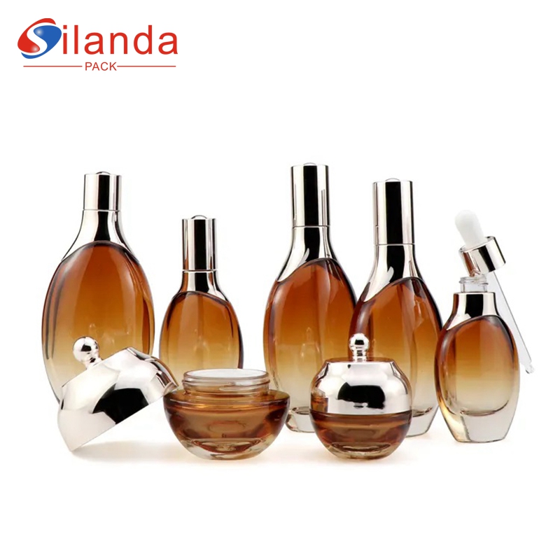 Luxury Amber Glass Skincare Bottle Set Cosmetic Toner Lotion Serum Pump Dropper Bottles Cream Jars  