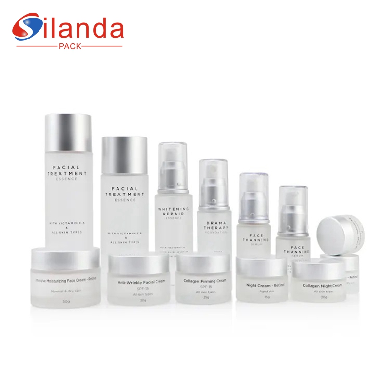 High Quality Frosted Matte Glass Skincare Bottle Set Cosmetic Toner Lotion Serum Pump Bottles Cream Jars 