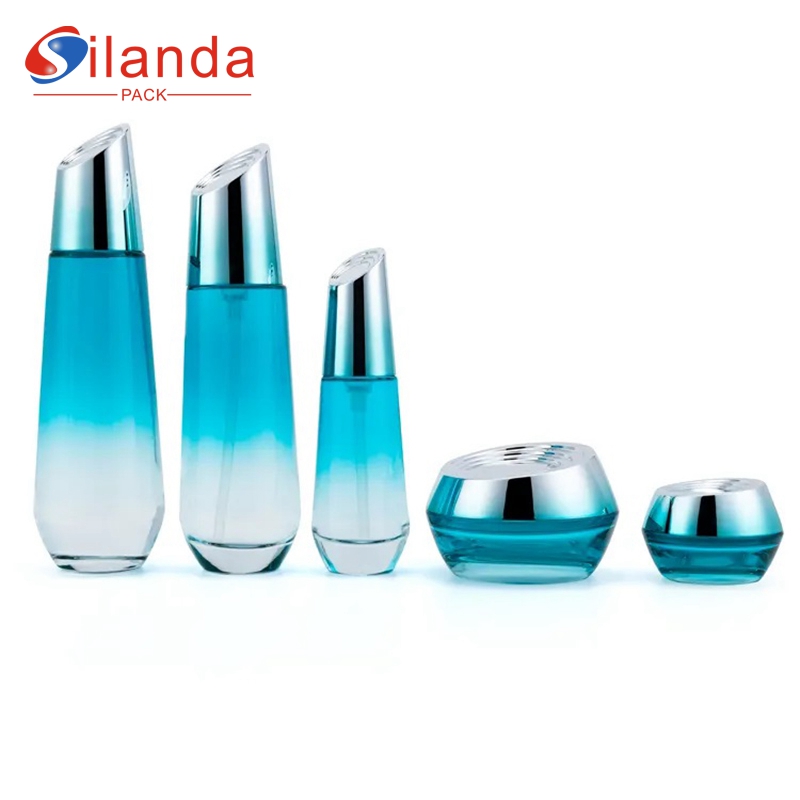 Luxury Blue Glass Skincare Bottle Set Cosmetic Toner Lotion Serum Plastic Pump Bottles Cream Jars 