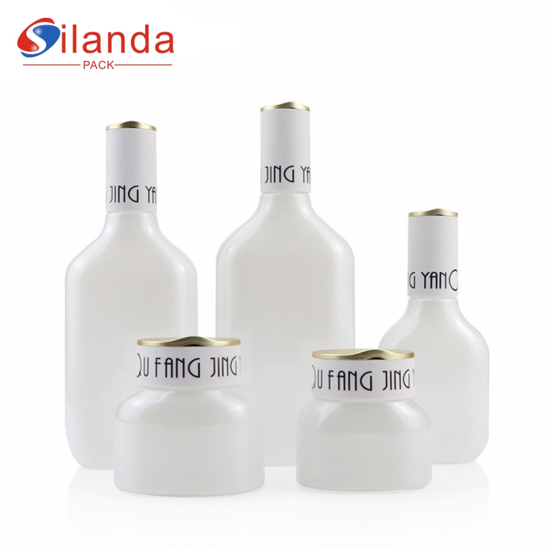 Elegant White Glass Skincare Bottle Set Cosmetic Toner Lotion Serum Pump Bottles Cream Jars  