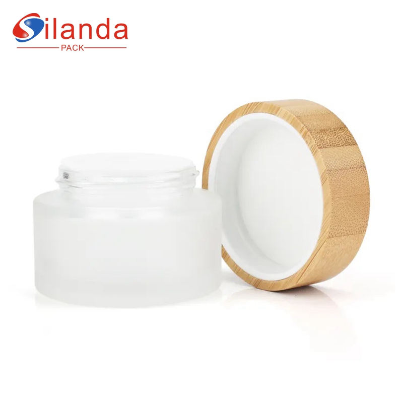 Fine 30g 50g 100g Frosted Glass Cream Jar Bamboo Lid Cosmetic Skincare Packing Bottles 