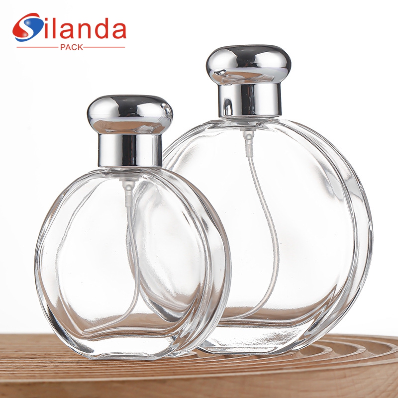 Eco Friendly 50ml 100ml Clear Flat Round Glass Perfume Bottle Thick Bottom Travel Portable Bayonet Pump Spray Luxury Perfumery Container Fragrance Bottles 