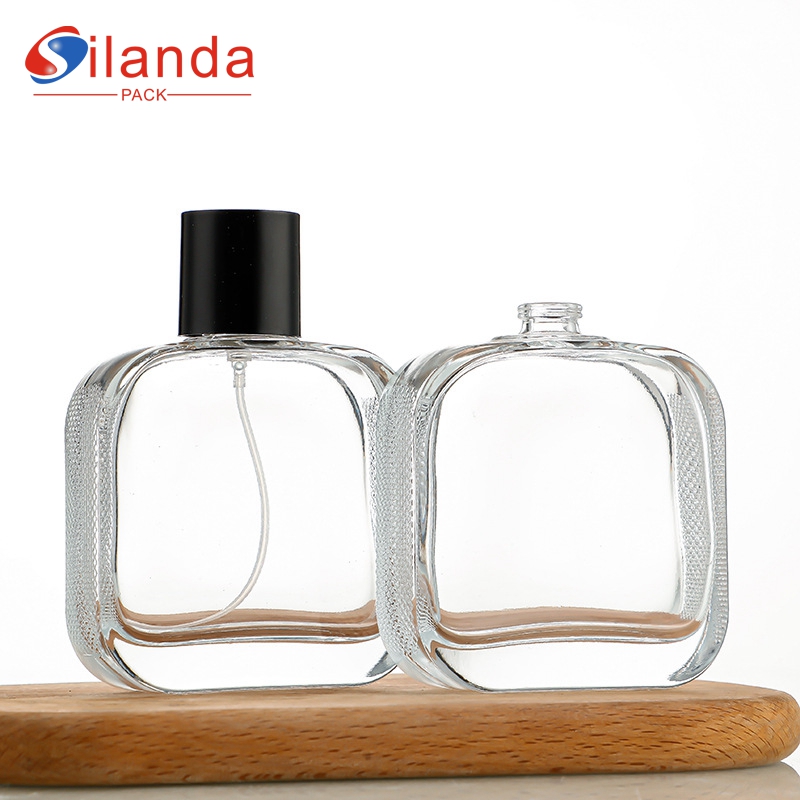 Luxury 100ml Clear Flat Arcuate Round Glass Perfume Bottle with Black Cap Thick Bottom Travel Portable Bayonet Pump Spray Perfumery Container Fragrance Bottles 