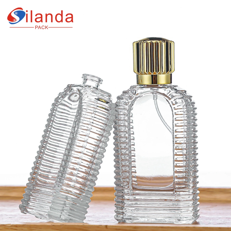 Exqusite 60ml Clear Flat Striped Glass Perfume Bottle with Gold Cap Thick Bottom Travel Portable Bayonet Pump Spray Perfumery Container Fragrance Bottles  